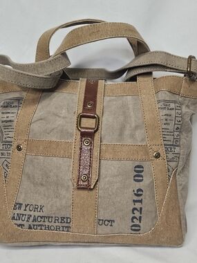 Mona B Shoulder Bag New York Port Authority Stamped Canvas Purse Tote 11x10"
